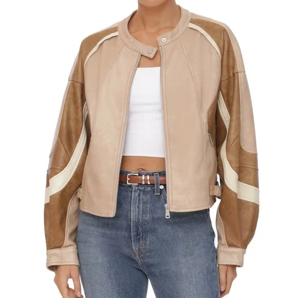 Avec Les Filles Faux Leather Racing Moto Bomber Colorblock Jacket NEW size Large - Picture 3 of 14
